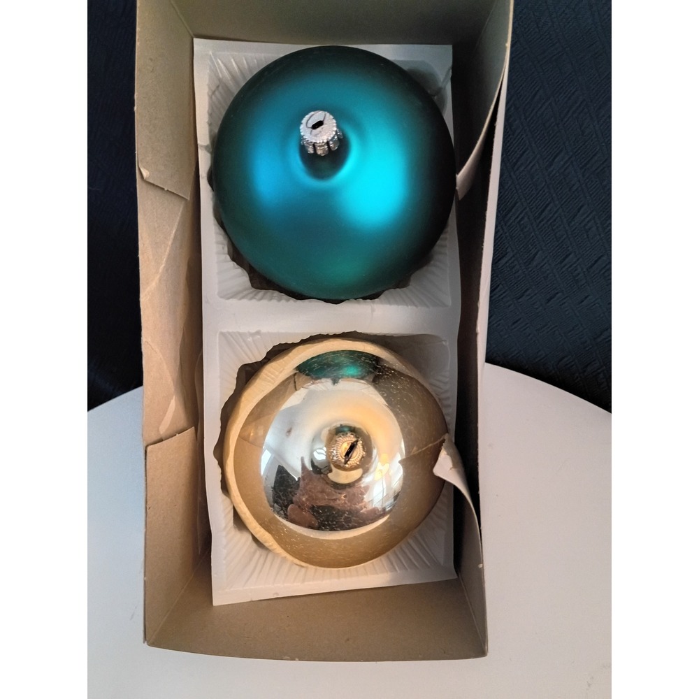 Vintage Glass Ball Christmas Ornaments Set of 2 Teal Blue Matte & Gold Metallic